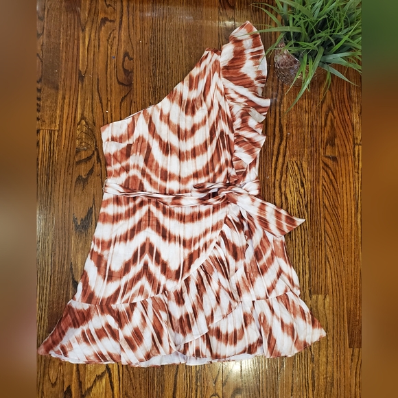 Banana Republic NWOT One-Shoulder Linen Ruffle Brown Patterned Mini Dress - Picture 6 of 11